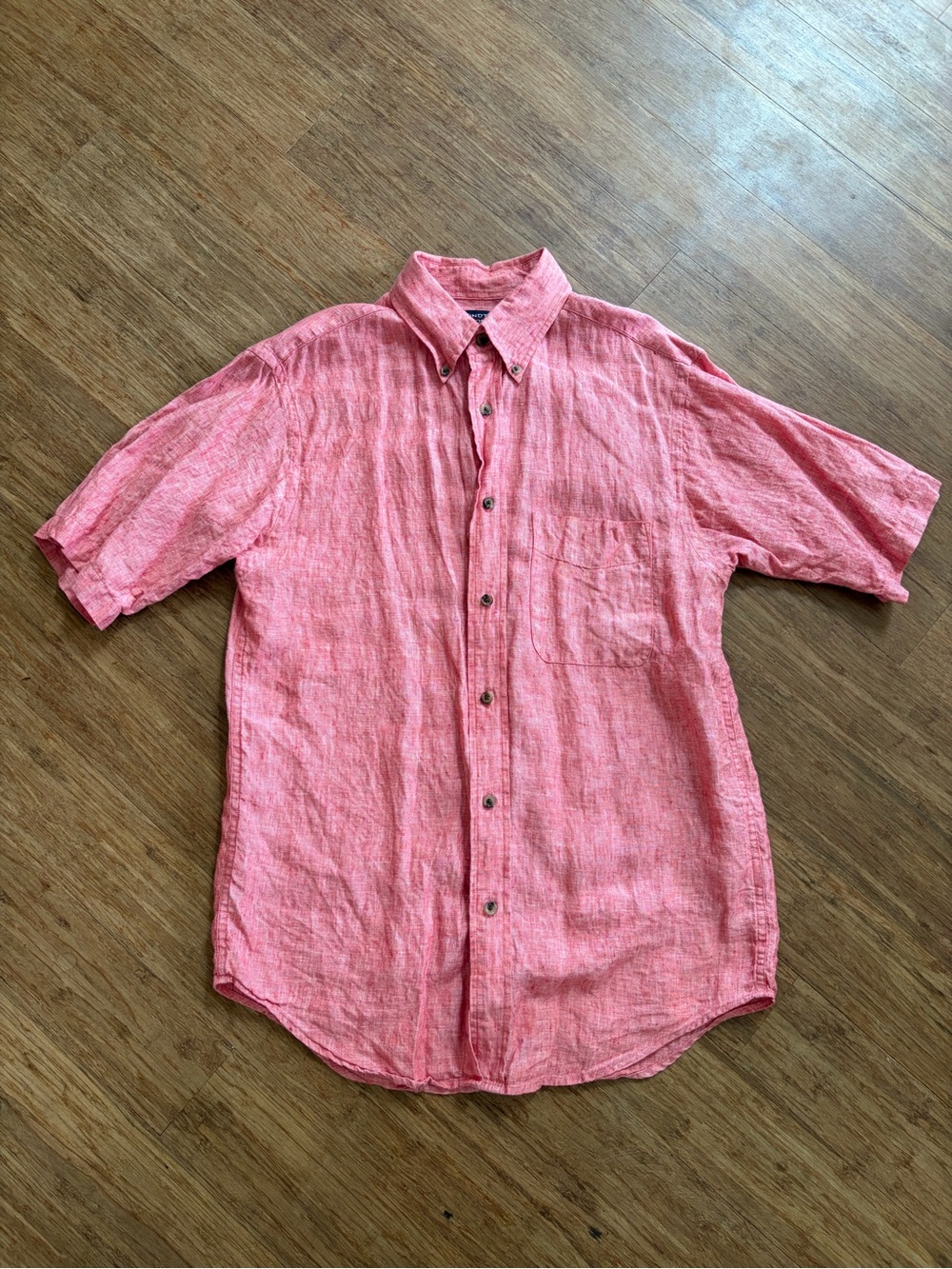 Roundtree & Yorke 100% Linen Shirt Small Short Sleeve Coral Pink Button Down